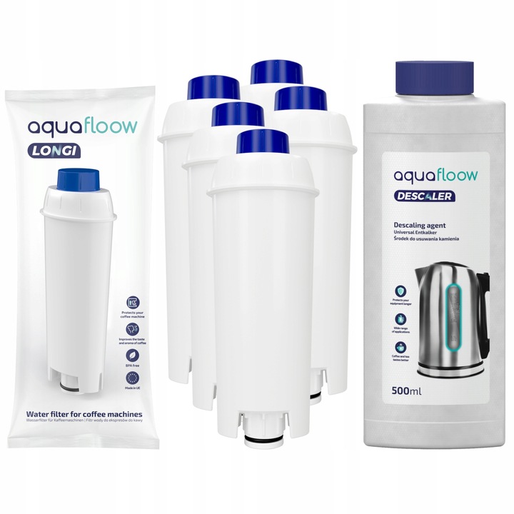 Kit intretinere espressor, Aquafloow, Compatibil cu Delonghi, 5 x Filtru apa, Solutie decalcifiere, 500 ml