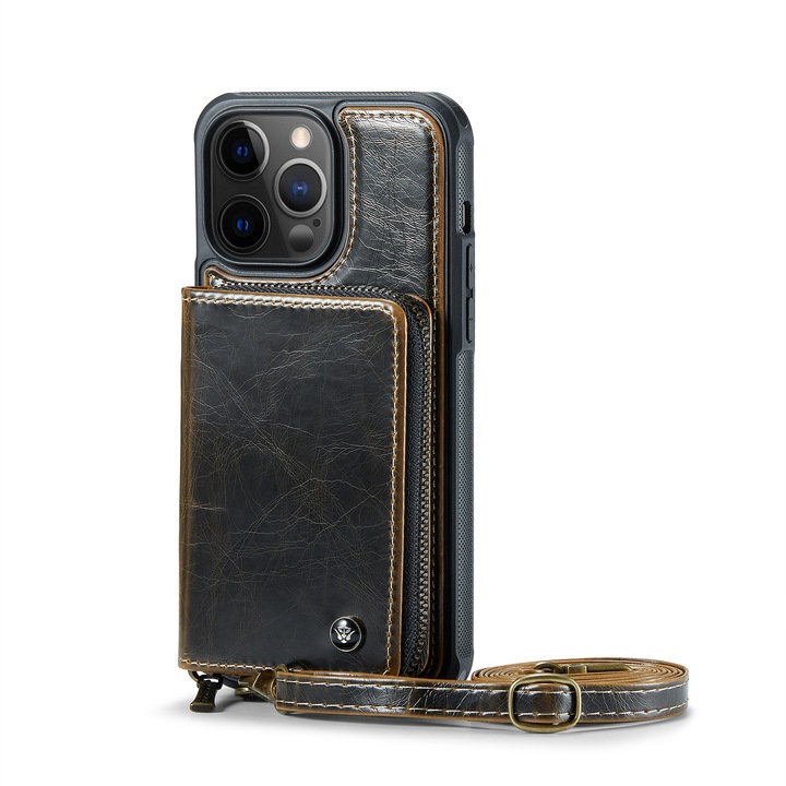 Husa pentru iPhone 12 Pro, iPhone 12, CaseMe, piele cu textura foarte fina, back cover cu portofel, buzunar cu fermoar, 2 curele detasabile, protectie RFID, stand, Maro coffee