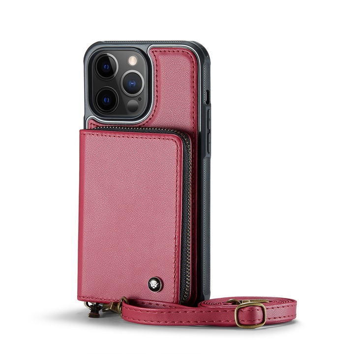 Калъф за iPhone 12 Pro, iPhone 12, CaseMe, кожа с много фина текстура, заден капак с портфейл, джоб с цип, 2 подвижни презрамки, RFID защита, стойка, Червено