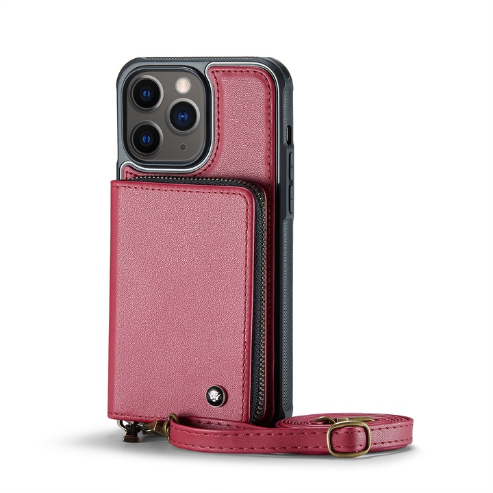 Калъф за iPhone 11 Pro Max, CaseMe, кожа с много фина текстура, заден капак с портфейл, джоб с цип, 2 подвижни презрамки, RFID защита, стойка, Червено