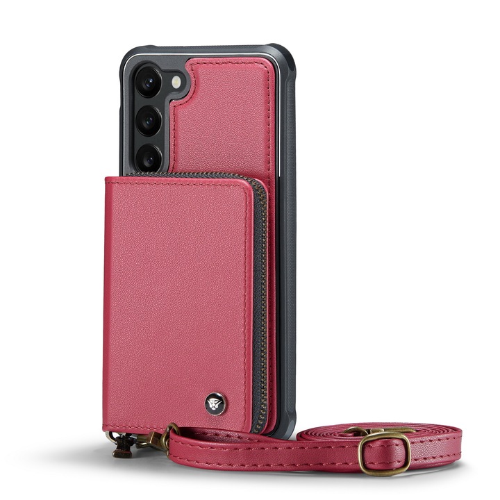 Калъф за Samsung Galaxy S23, CaseMe, кожа с много фина текстура, заден капак с портфейл, джоб с цип, 2 подвижни презрамки, RFID защита, стойка, Червено