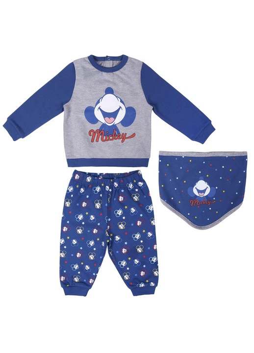 Set de haine pentru bebelusi, baveta, bluza si pantaloni sport cu imprimeu Mickey Mouse, Albastru, 24 luni