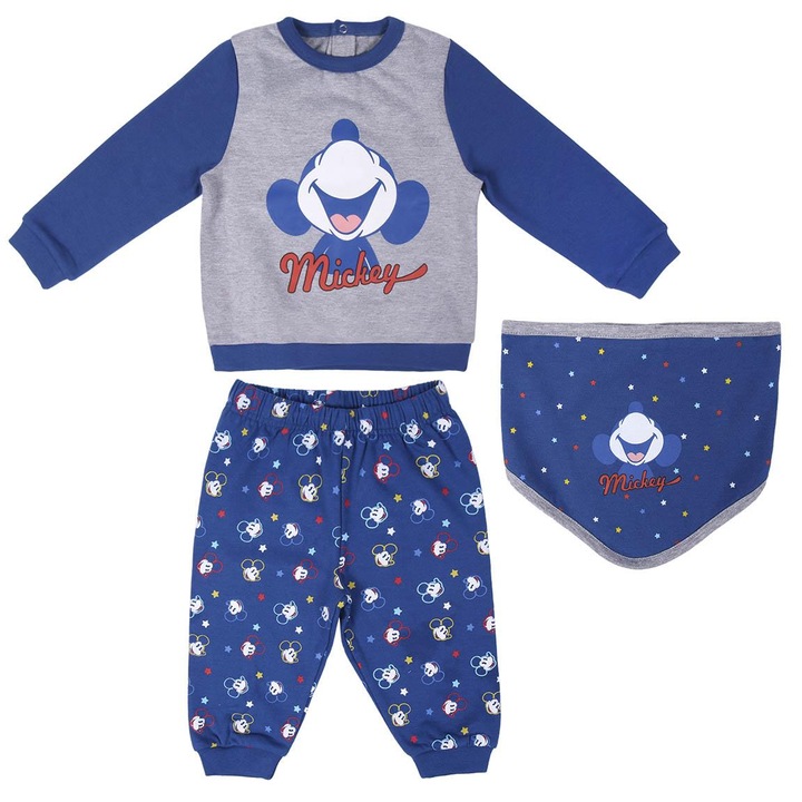 Disney Baby, Set de baveta, bluza si pantaloni sport cu imprimeu Mickey Mouse - 3 piese, Albastru