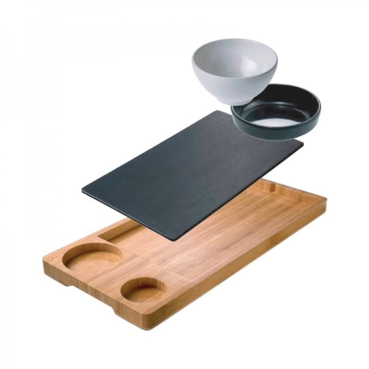 Platou servire burger din bambus cu bol, sosiera si tava din melamina