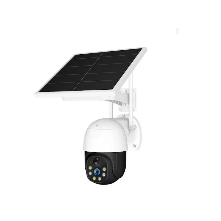 Камера за наблюдение, слънчево зареждане, 4G, SIM, 3MP качество, сензор за откриване на движение, микрофон, въртене, бял