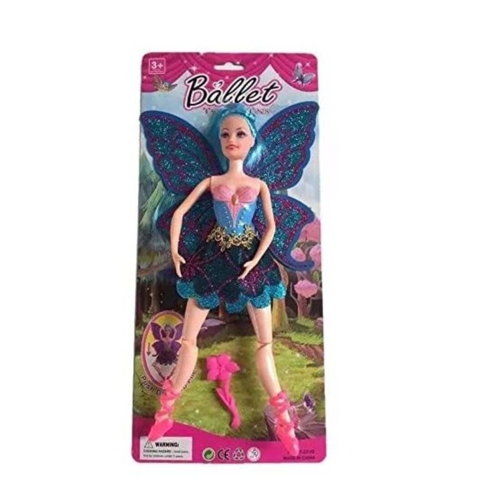 Balerina baba fényes szárnyakkal, rugalmas ízületekkel, hajkiegészítővel, 3 év, 30 cm, kék