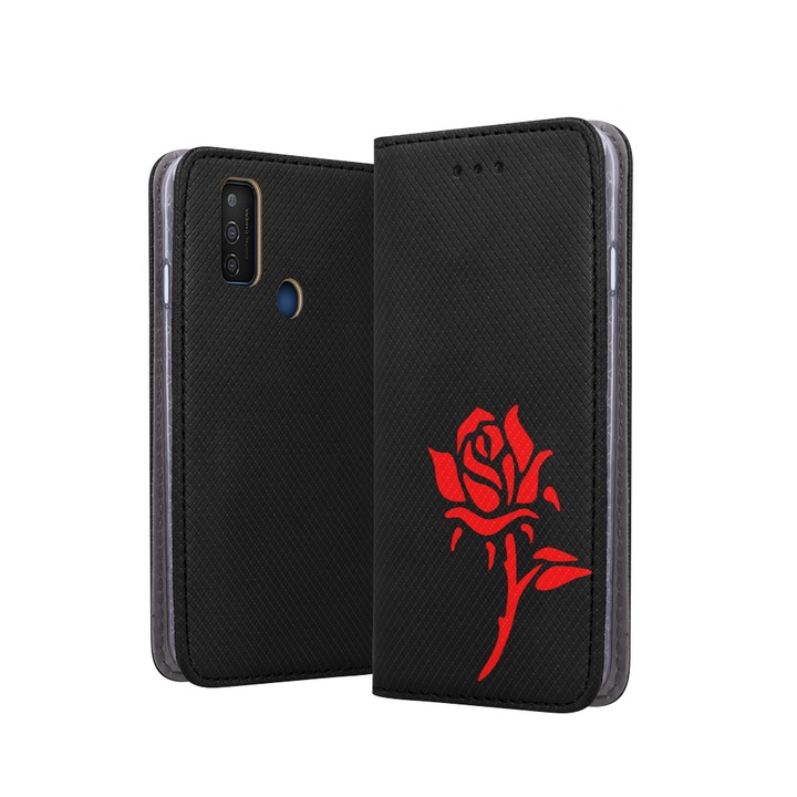 Калъф, Martech, За Alcatel 1L 2021, Екологична кожа, Черен/Червен