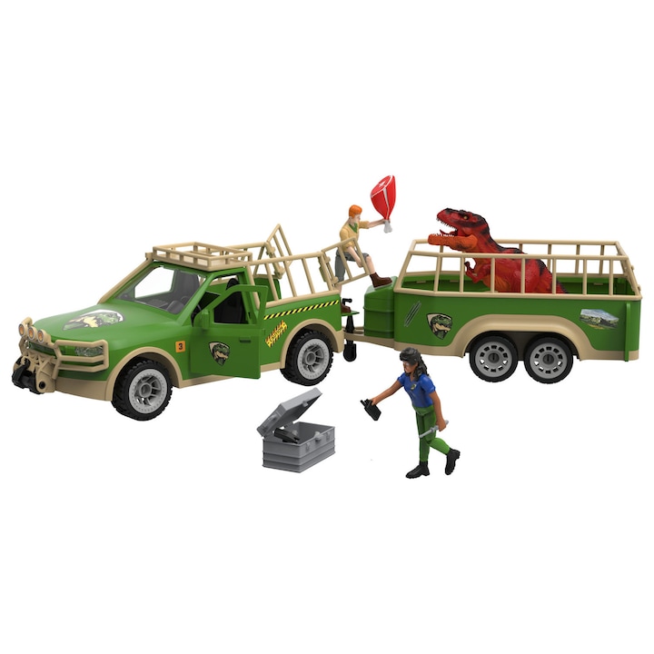 Set transport animale Playtive, contine 11 piese camioneta cu troliu, remorca, 2 figurine, dinozaur T-Rex, pulpa de carne, cutie de scule, surubelnita, ciocan, cleste, walkie-talkie, 3+ ani