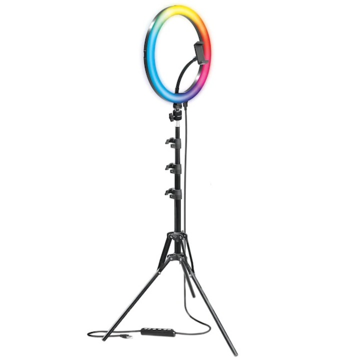 Lampa circulara profesionala Multicolora, LED Ring Light, diametru 26cm/10inch, trepied 160cm, Negru