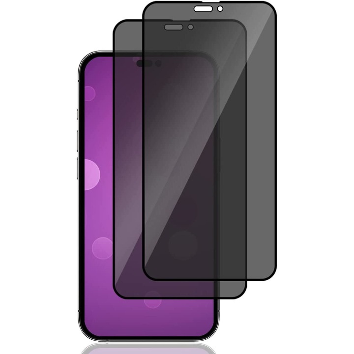 Set 2 folii protectie ecran, Sticla securizata, Privacy, Compatibil cu iPhone 14 Pro Max, Transparent