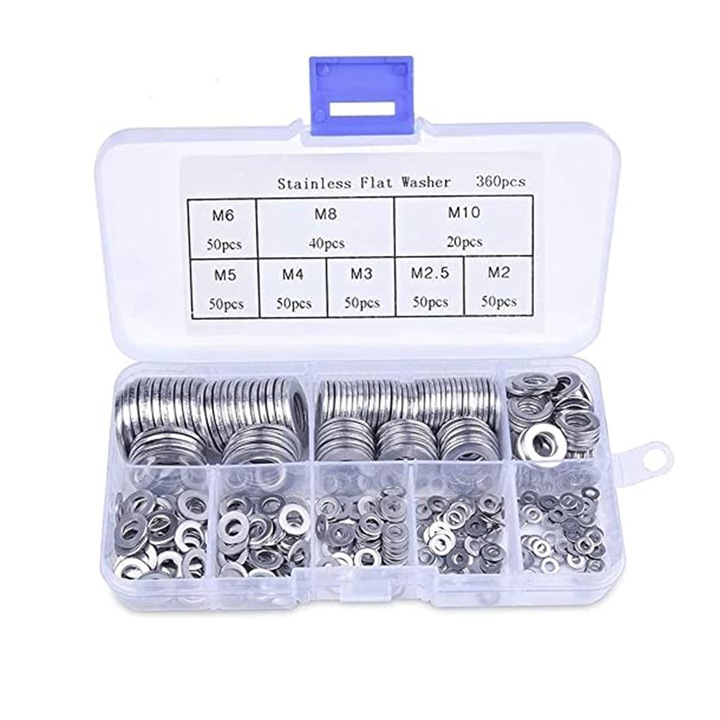 Darklove Rozsdamentes alátét készlet, 360 db, 8 különböző méret: M2 M2.5 M3 M4 M5 M6 M8 M10, Belső dekorációhoz, autókhoz, tárolódoboz, ezüst