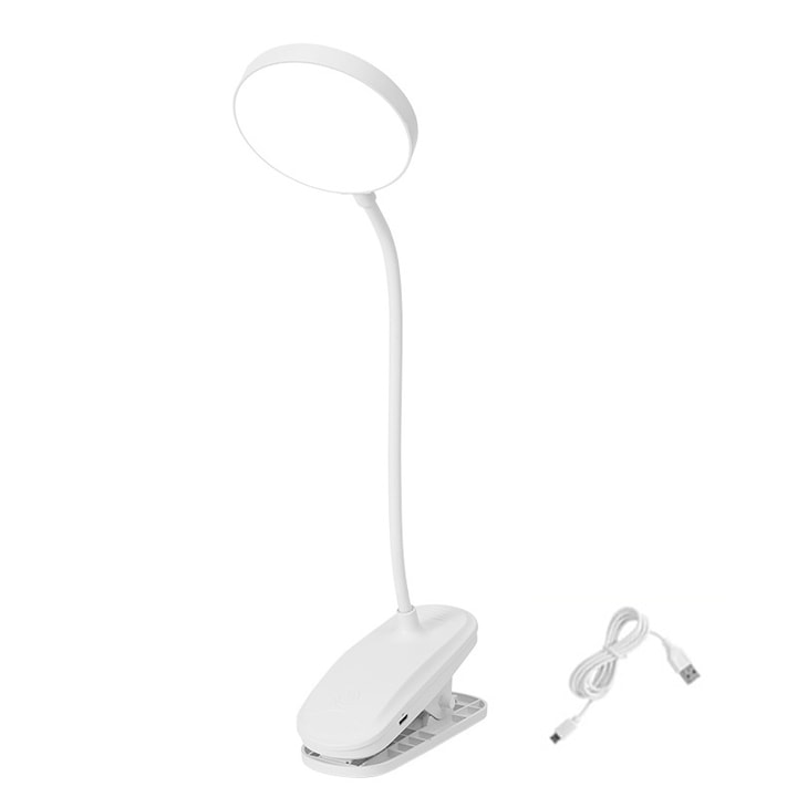 Lampa de citit, LED, cu cablu de incarcare USB, 3 nivele de reglare a luminozitatii, KINSI, alb