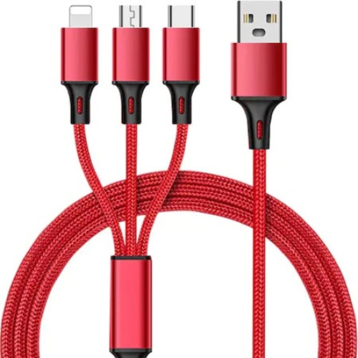 Adatkábel 3 az 1-ben 115 cm, Micro USB TYP-C, Lighting Red