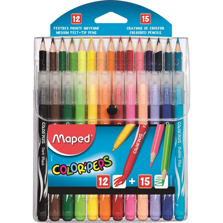 Set coloriaj Maped Color'Peps (15 creioane colorate Color'Peps + 12 carioci Color'Peps Jungle)