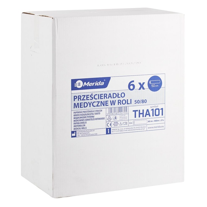 Set 6 cearsafuri medicale, Merida, 50 cm x 80 m, Celuloza, Alb/Albastru