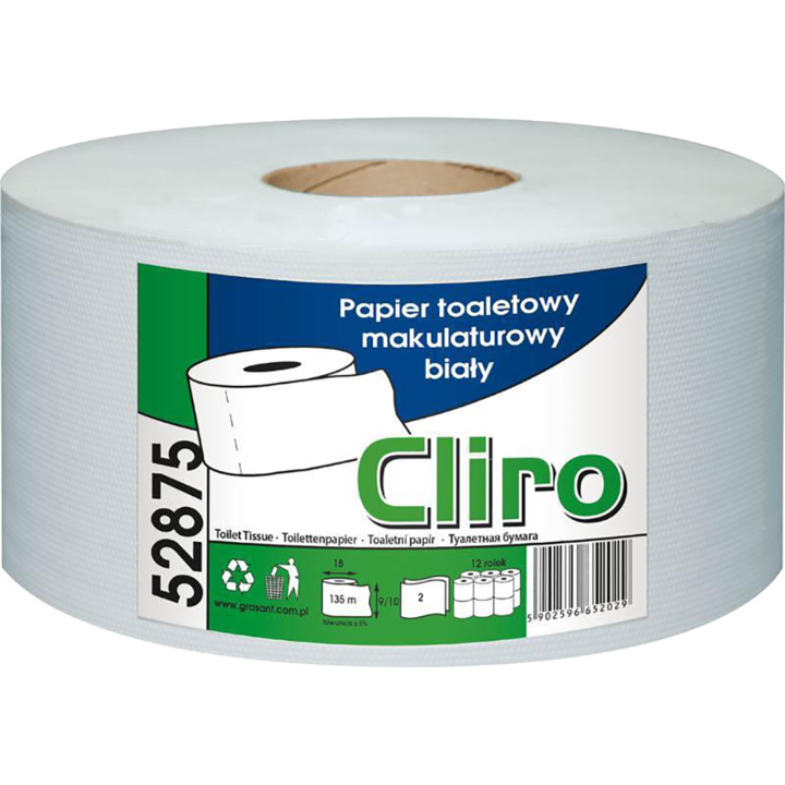 Set 12 role hartie igienica, Cliro JUMBO, 2 straturi, 135 m, diametru 18 cm