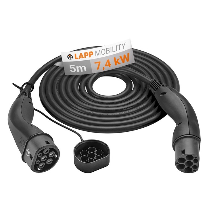 Кабел за зареждане на електрическа кола LAPP 5555935002 Helix, Type 2, 32A, 7.4kW, 5m, черен