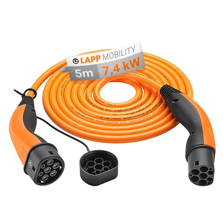 Кабел за зареждане на електрически автомобили LAPP 5555935014 Helix, Type 2, 32A, 7.4kW, 5m, оранжев