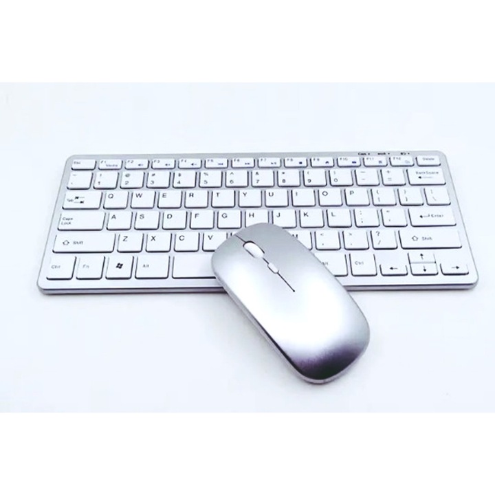Kit mouse ergonomic si tastatura fara fir Wireless 2.4G reincarcabila argintiu, de birou pentru computer sau laptop OMC