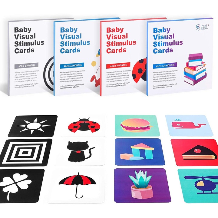 Set 64 carti pentru stimulare vizuala si cognitiva bebelusi Montessori, 0-36 luni, QuTek, multicolor