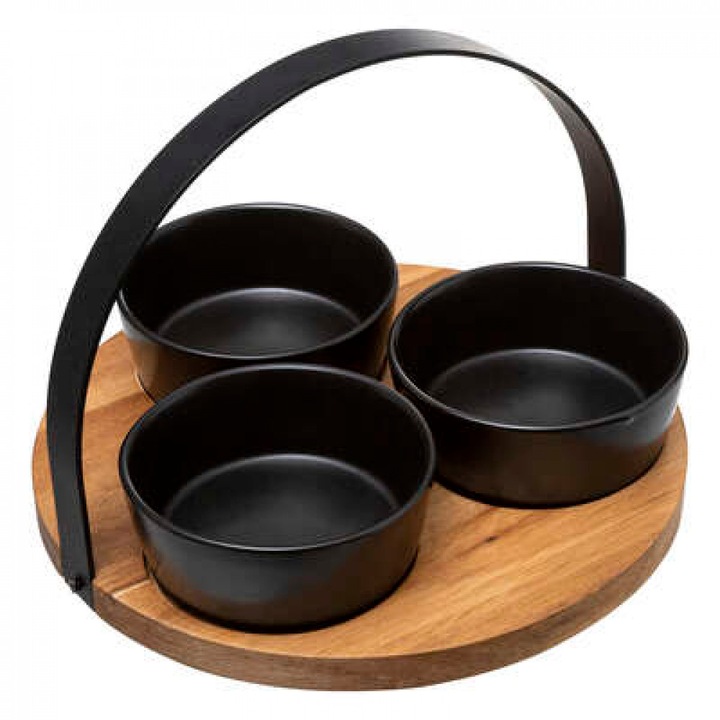 Set 3 boluri ceramice pentru aperitive pe suport din lemn de acacia, Secret de Gourmet, 21x21x14 cm