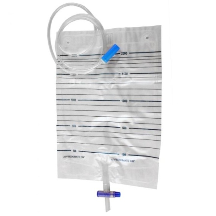 Set 10 pungi urinare, 2000 ml, sterile, fara latex, supapa evacuare T, unica folosinta