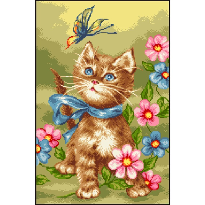 Pisicuta jucausa - kit goblen cu diagrama alb-negru