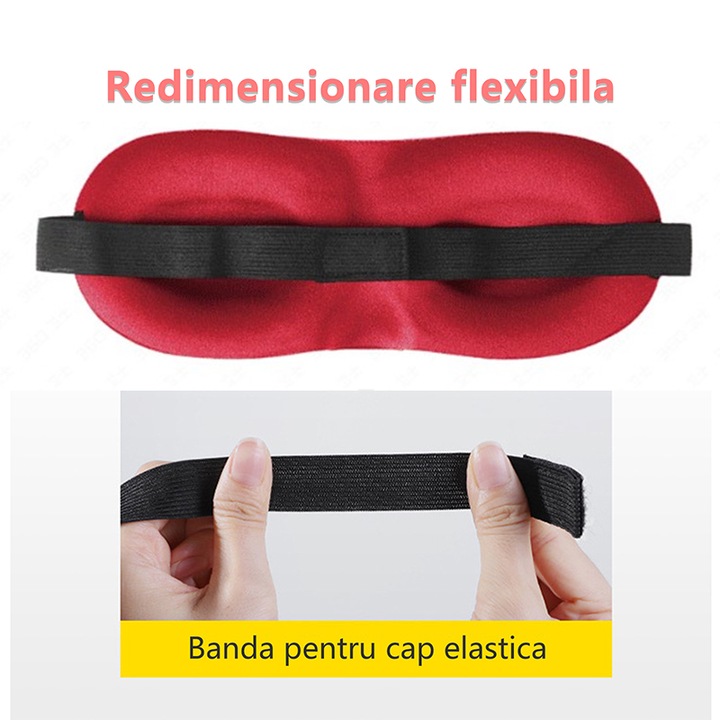 Masca de somn 3D, reglabila, pana de curent, KINSI, poliester, dop pentru urechi de somn, rosu