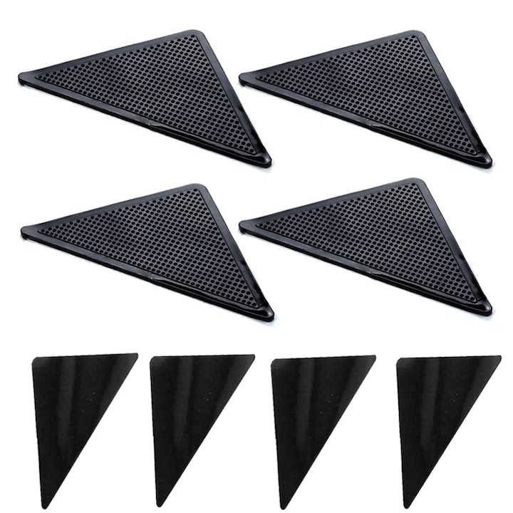 Комплект от 8 гумени триъгълника, противоплъзгащи за килими, черни, за многократна употреба