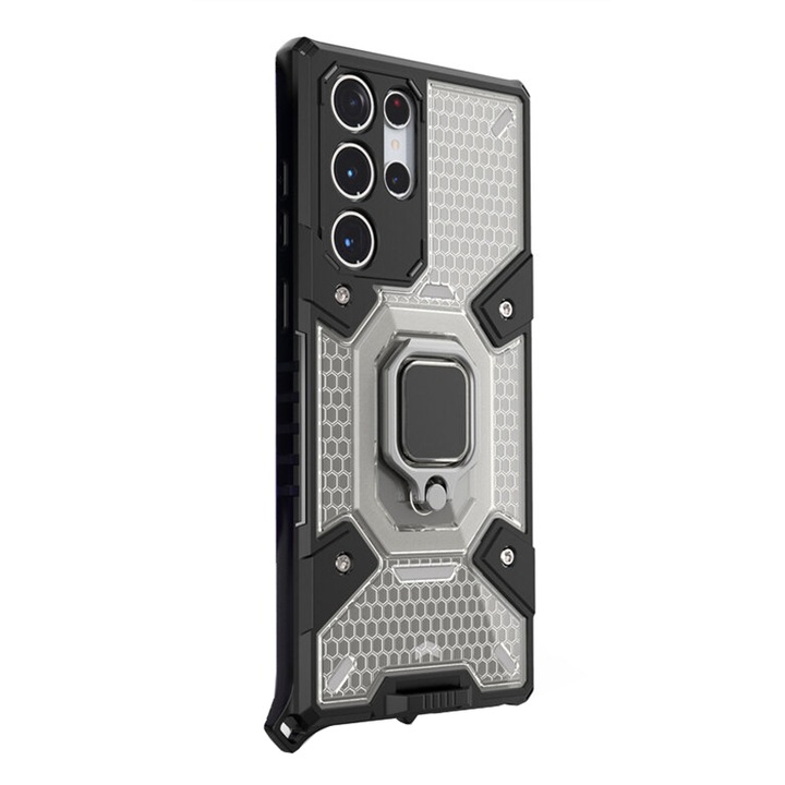 Husa de protectectie compatibila cu Samsung Galaxy S23 Ultra, Armor Honeycomb, Magnet suport auto, Extra Protectie, Ring Holder, Protectie camera, Negru