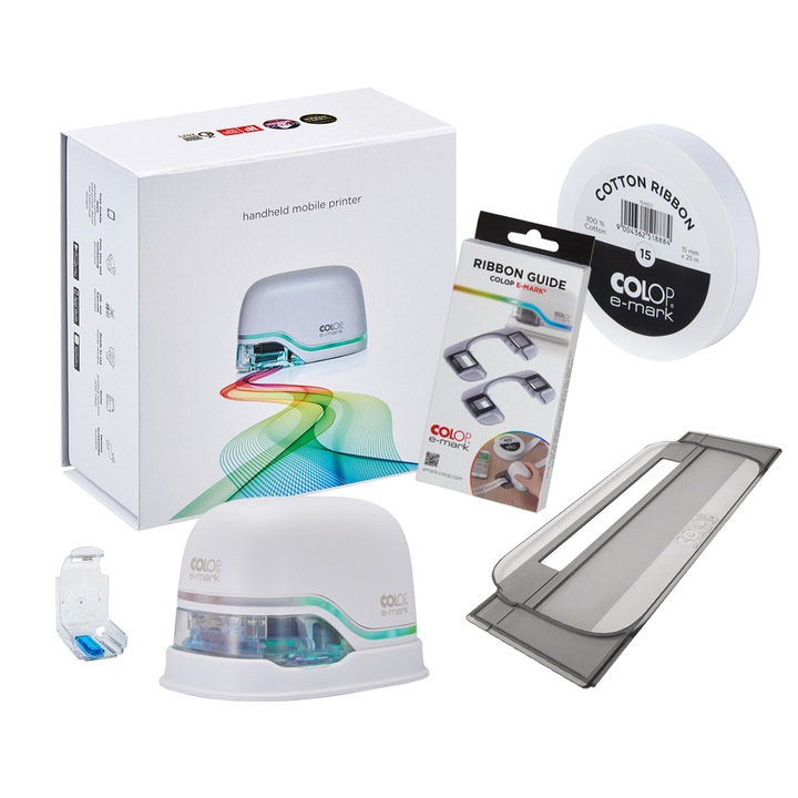 Pachet Dispozitiv Mobil de Marcare e-Mark Basic®, negru, Rigla, Ghidaje pentru Panglici, Panglica bumbac imprimabila full color, 15 mm x 25 m, Clips protectie cartus COLOP E-mark