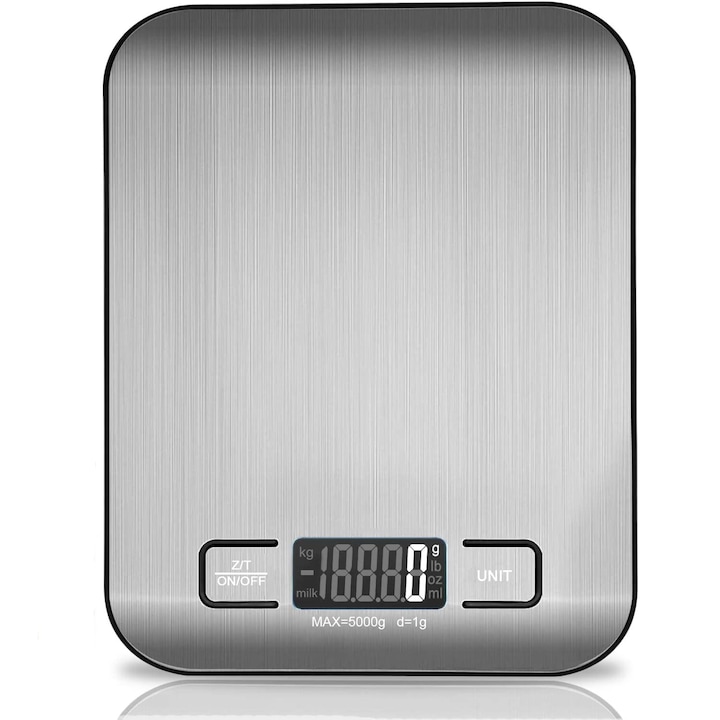 Cantar bucatarie digital, Bukate, ecran LED, multiple unitati de masura, capacitate 5 kg, culoare gri inchis, cu folie de protectie Albastra