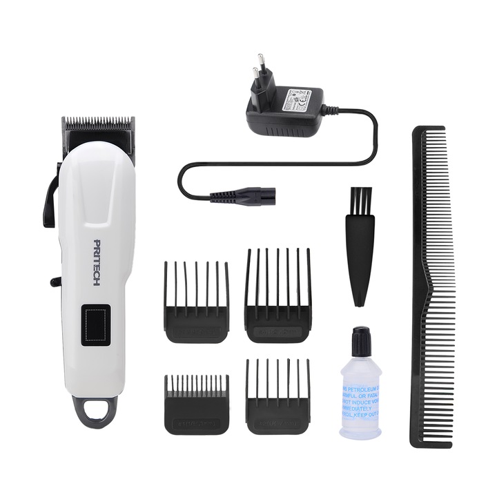 Set de masina de tuns cu acumulator, 4 piepteni si ecran LCD, alb