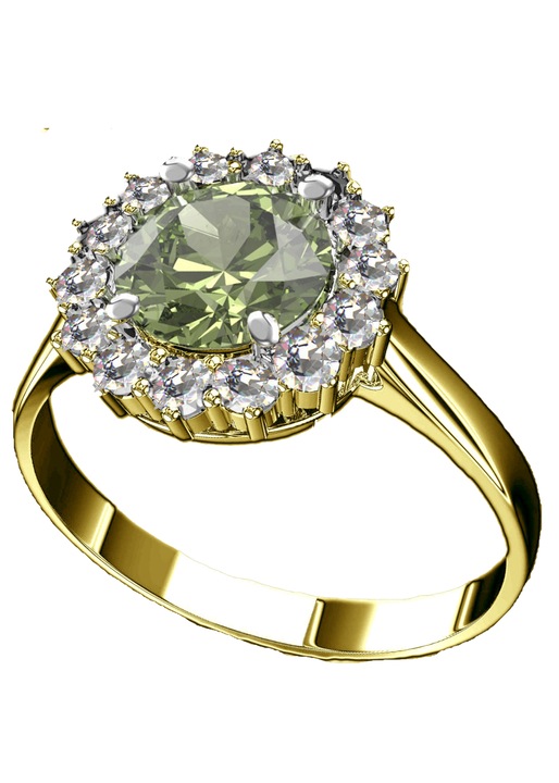 Női A-B Gyűrű, 14K Sárga Arany, Moldavit, Cirkon, Moldavit, Cirkon