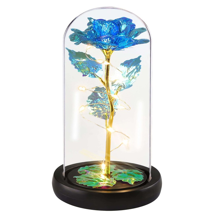 Trandafir de Sticla Criogenat in Cupola cu Lumini LED, albastru