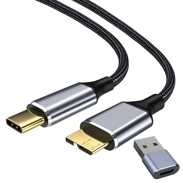 Комплект кабел за данни/адаптер, Jeswo, USB-C/Micro USB, 5Gbps, 1m, черен