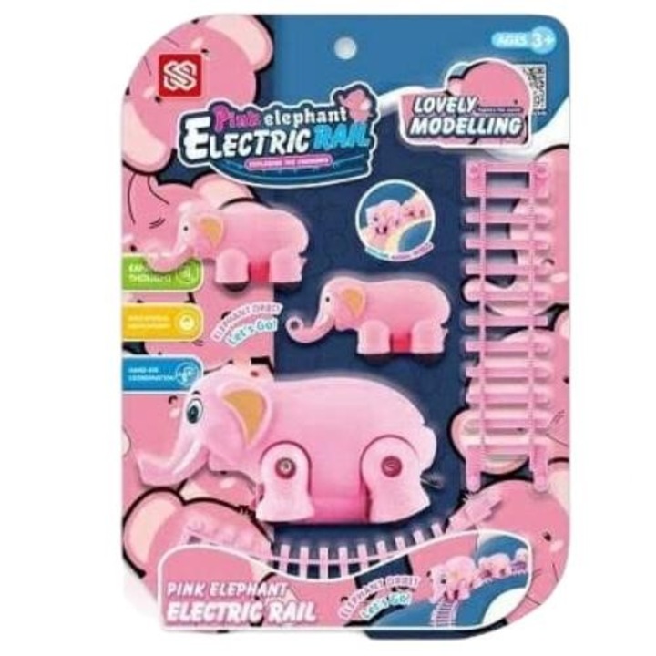 Tren cu elefanti + sine, Plastic, Roz
