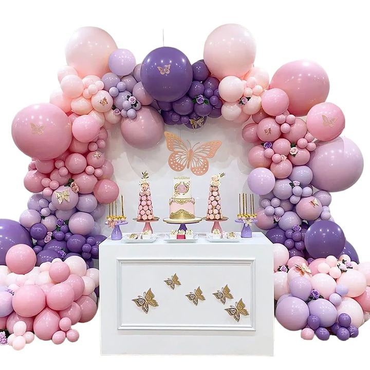 Комплект балони и флаери, За аранжиране в арка, Розово/Лилав, 176 части