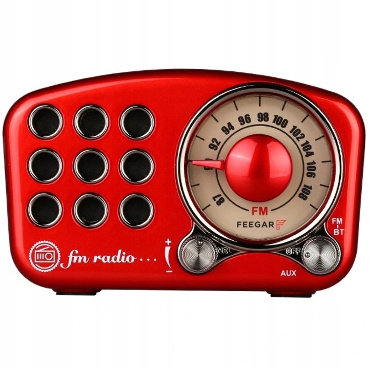 Ретро преносимо FM радио, Feegar, Bluetooth, 5 W, 1100 mAh, 11.2 x 6.9 x 5.1 cm, Червен