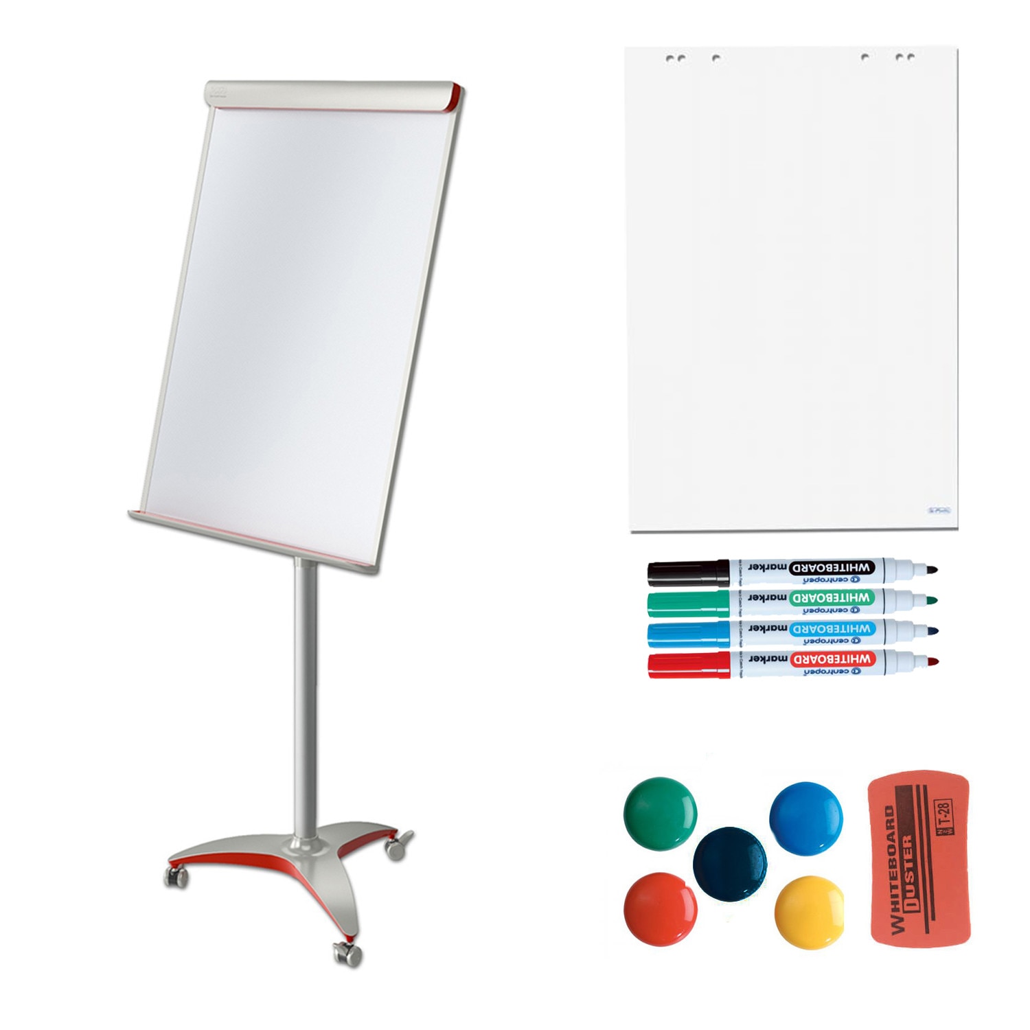 Pachet flipchart, 2x3, Mobilechart Pro RED, 70x100 cm, brate laterale, inaltime ajustabila, clema prindere hartie si accesorii: rezerva hartie, markere, burete si 5 magneti