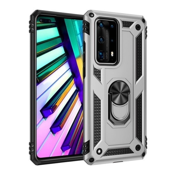 OnePlus 7 Pro, пластмасов заден капак, средна устойчивост на удар, силиконова вътрешна част, пръстен за държач за телефон, Defender, сребрист (89722)