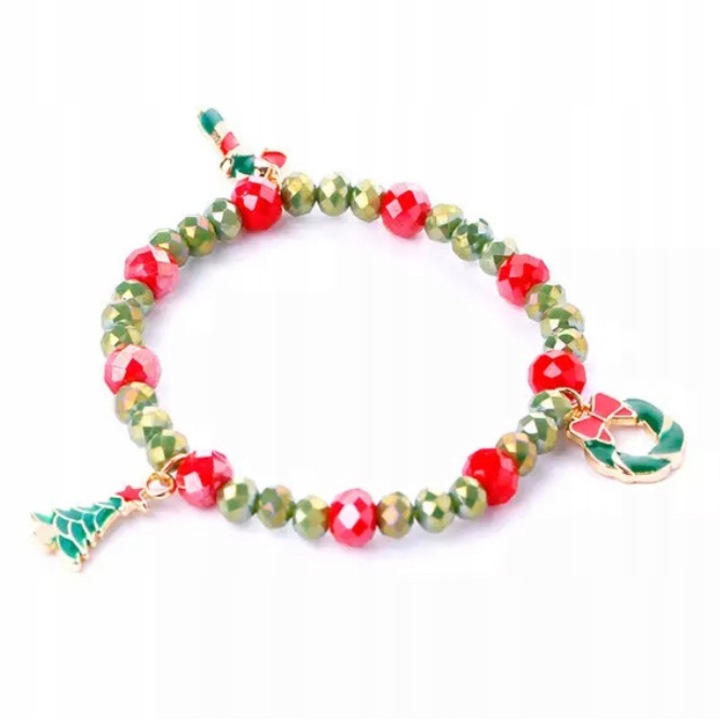 Bratara cu margele si pandantive, Aliaj metalic, Rosu/Verde, Marime universala