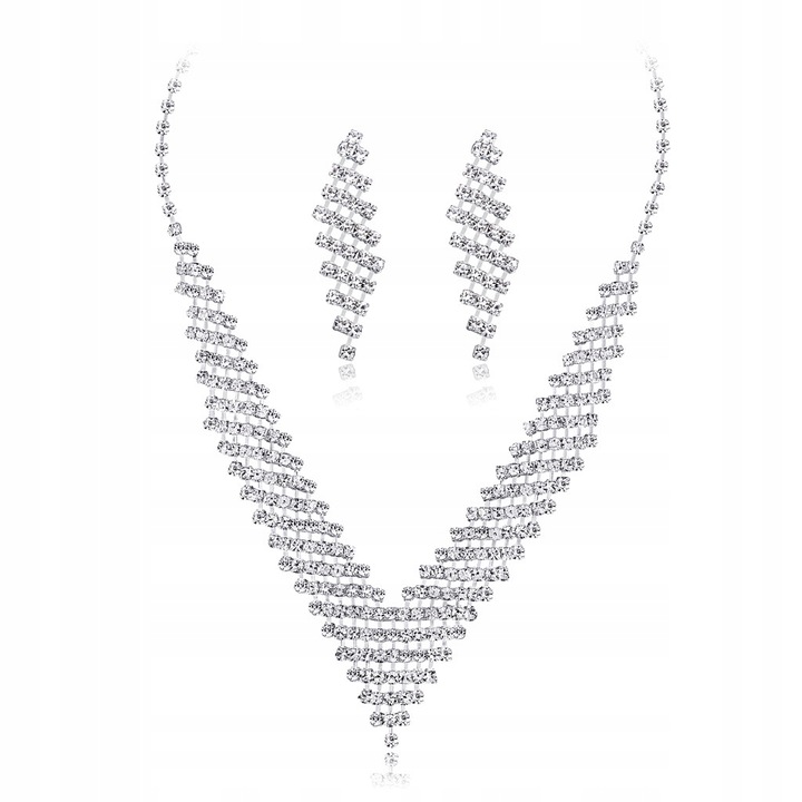 Дамски комплект колие с обеци, Метал/Стрази, 31 см, Сребрист