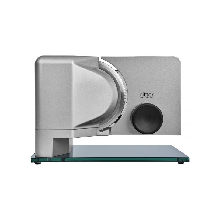 Feliator electric Ritter Germany, Sinus 2, grosime reglabila 0-20 mm, lama zimtata Ø 170 mm, pentru branzeturi, paine, mezeluri, feliere subtire, sistem de siguranta, motor eco, minimizare risipa de alimente, operare usoara, curatare usoara, argintiu