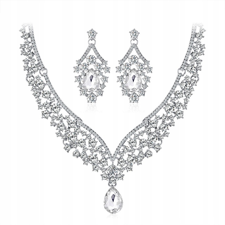 Комплект колие и обеци с цирконий, метал, сребрист