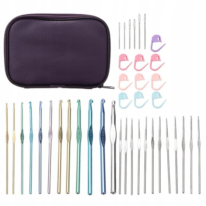 Set de crosetat cu 24 elemente, Aluminiu, Negru/Multicolor
