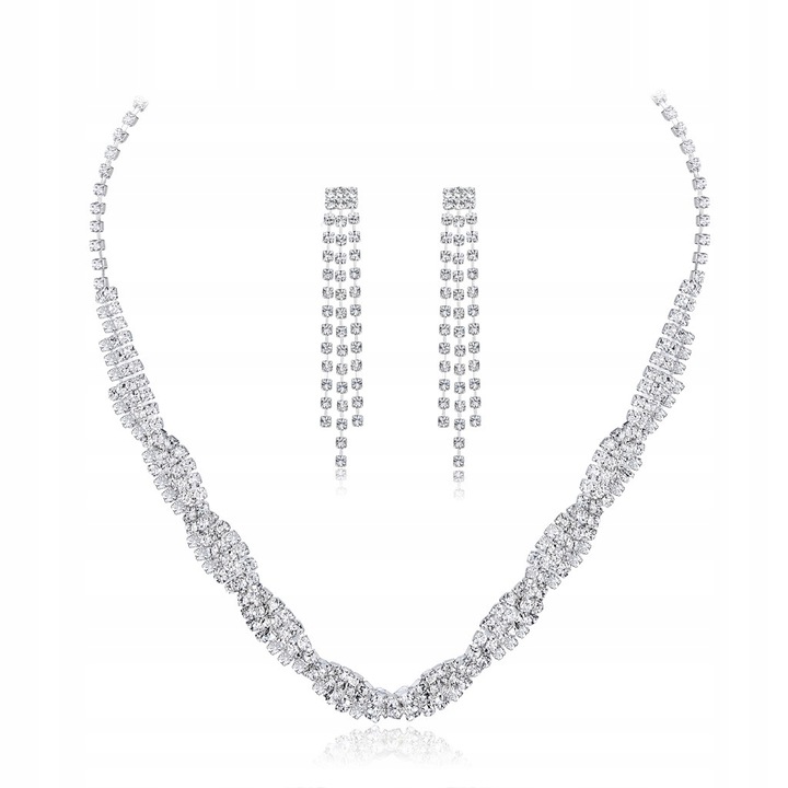 Комплект колие и обеци с цирконий, метал, сребрист