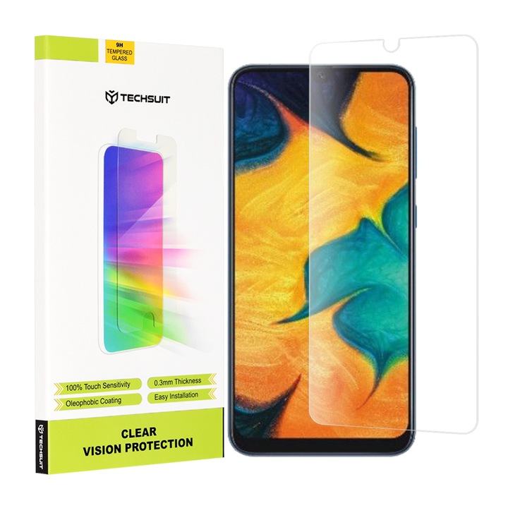 Techsuit Clear Vision képernyővédő fólia Samsung Galaxy M31 M315 / M21 M215 / A50s A507 / A30s A307 készülékhez, edzett üveg, teljes ragasztóval