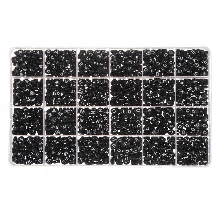 Set 1200 margele cu litere, Acril, 7x7 mm, Negru/Alb