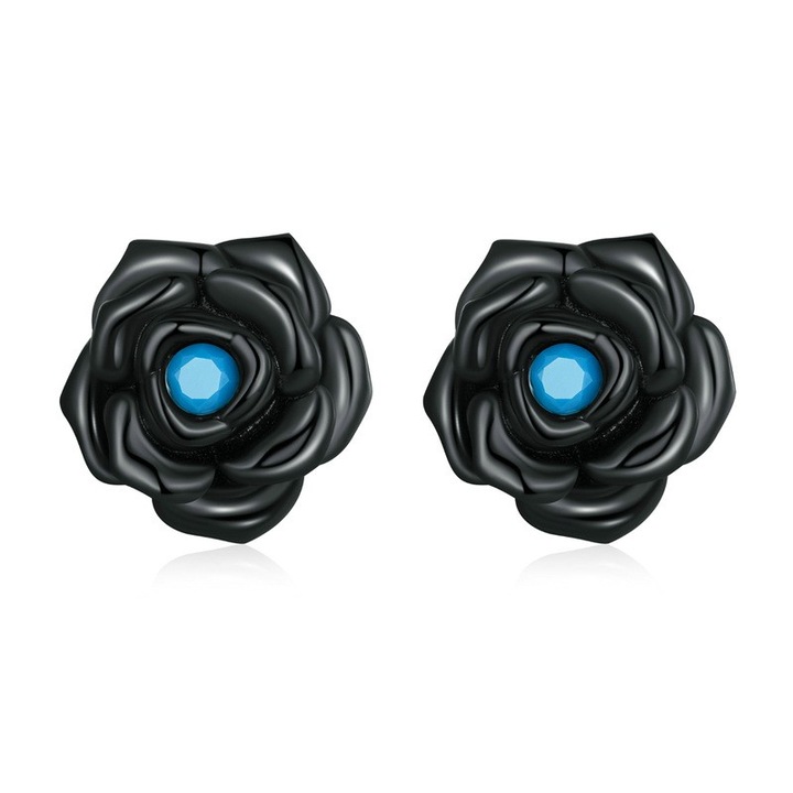 Дамски обеци, Fraise, Десен на цветя, Сребро, Черно/синьо